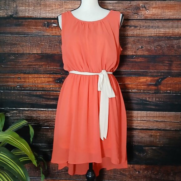 Double Zero Dress Large Belted Elastic Waist Flowy Sheer Lined Hi Low Keyhole - Picture 2 of 11